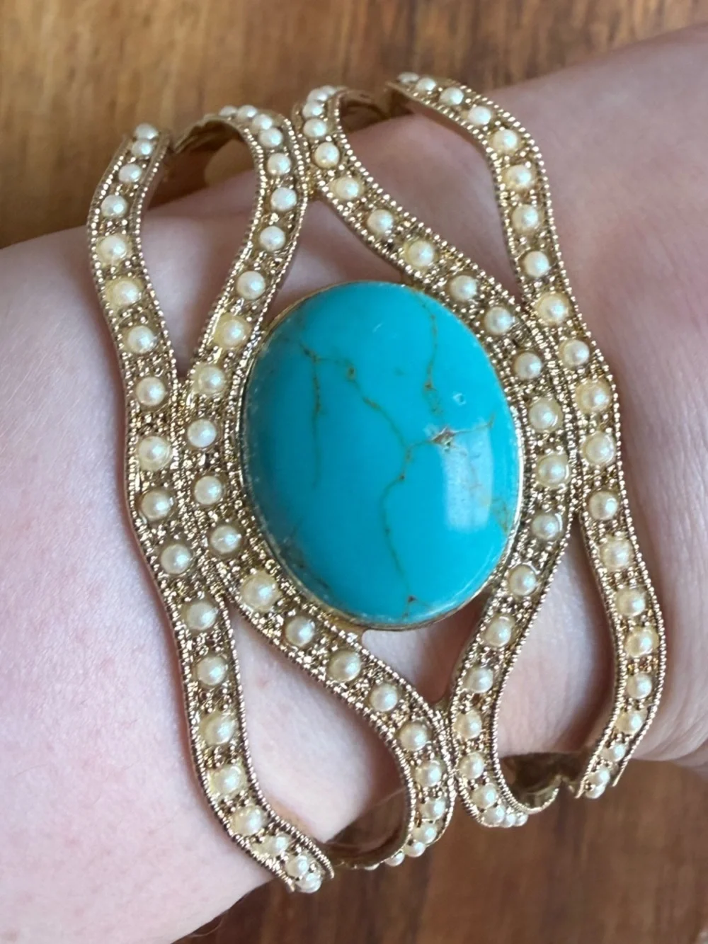 Monet Gold-Tone Cuff Bracelet with Faux Turquoise Center and Pearl Accents New